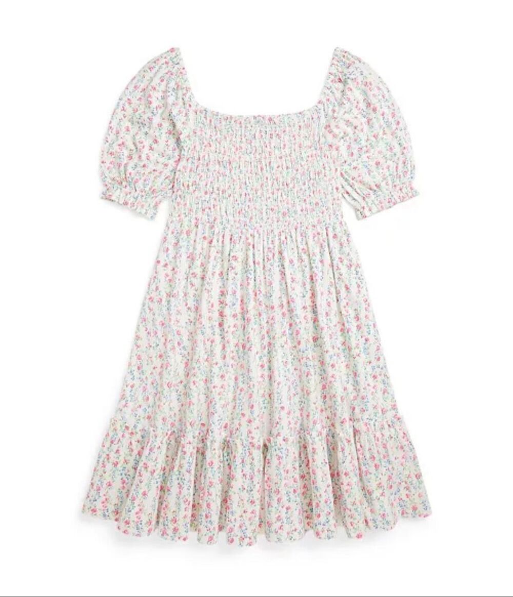 Polo Ralph Lauren Floral Smocked Ruffle Trim Cotton Jersey Dress XL